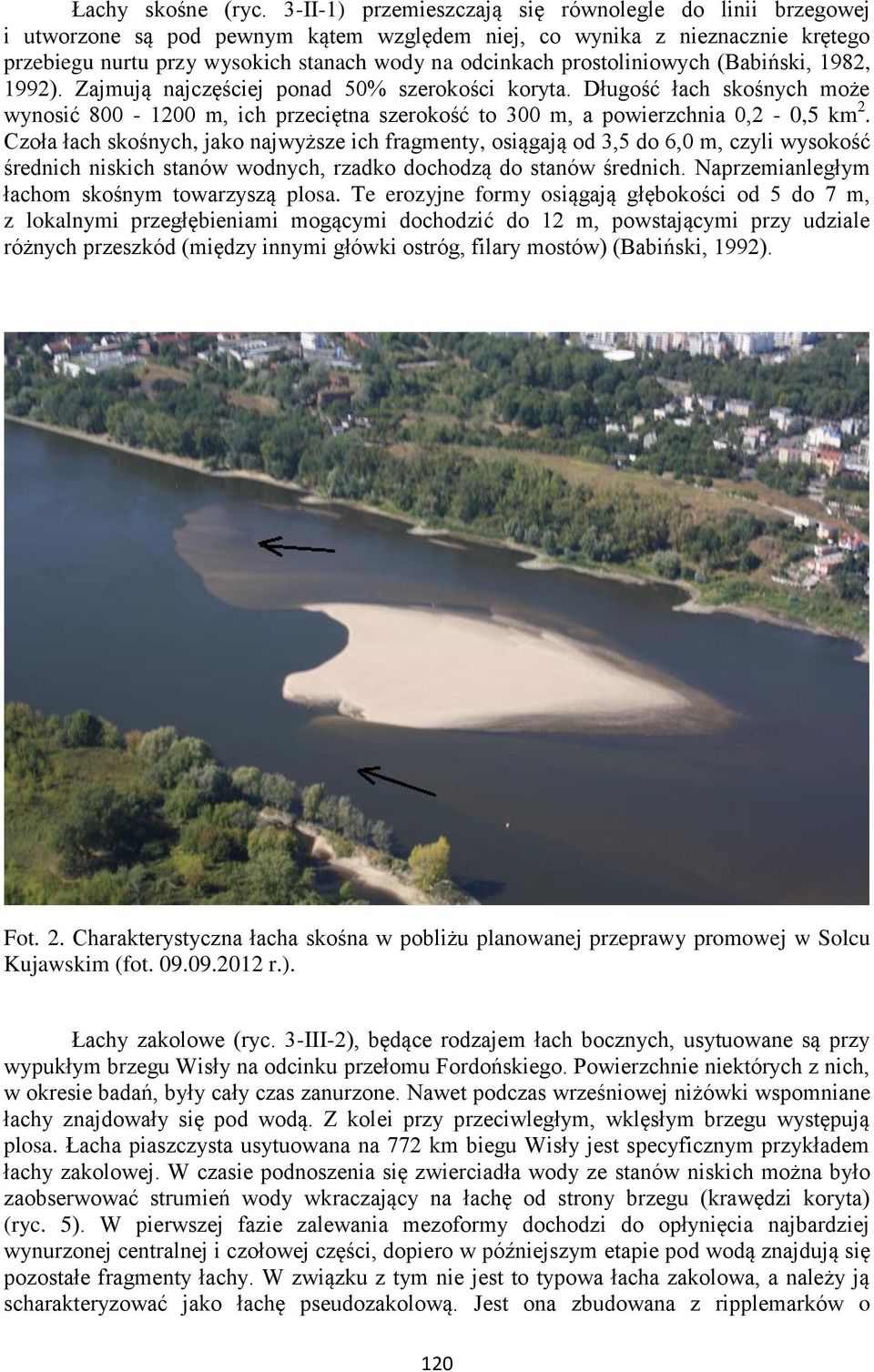 prostoliniowych (Babiński, 1982, 1992). Zajmują najczęściej ponad 50% szerokości koryta. Długość łach skośnych może wynosić 800-1200 m, ich przeciętna szerokość to 300 m, a powierzchnia 0,2-0,5 km 2.