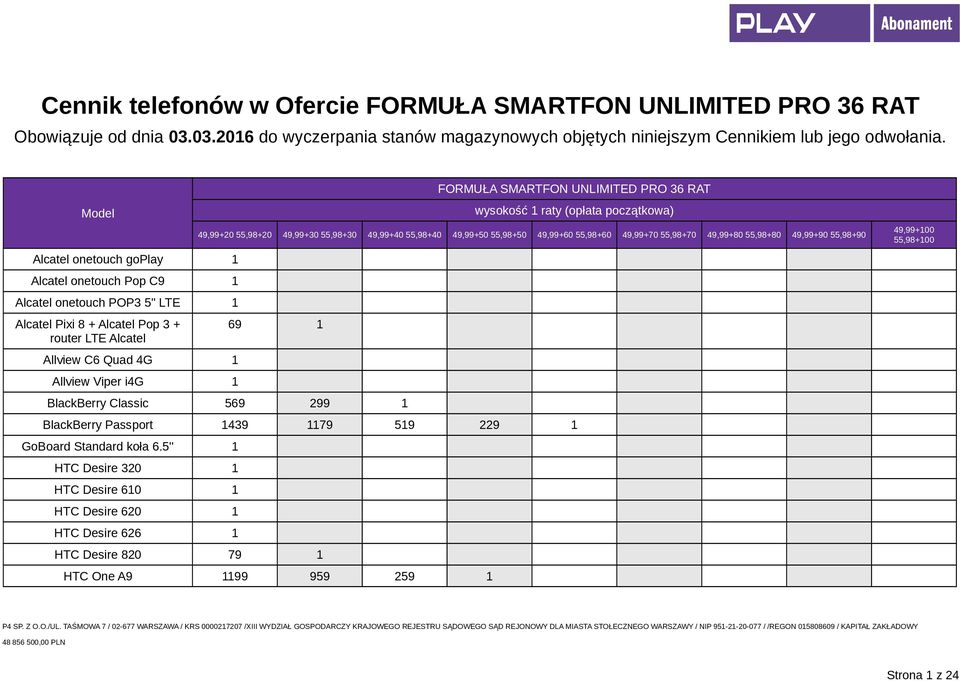 Allview C6 Quad 4G Allview Viper i4g wysokość raty (opłata początkowa) 69 BlackBerry Classic 569 299 BlackBerry Passport 439 79 59 229