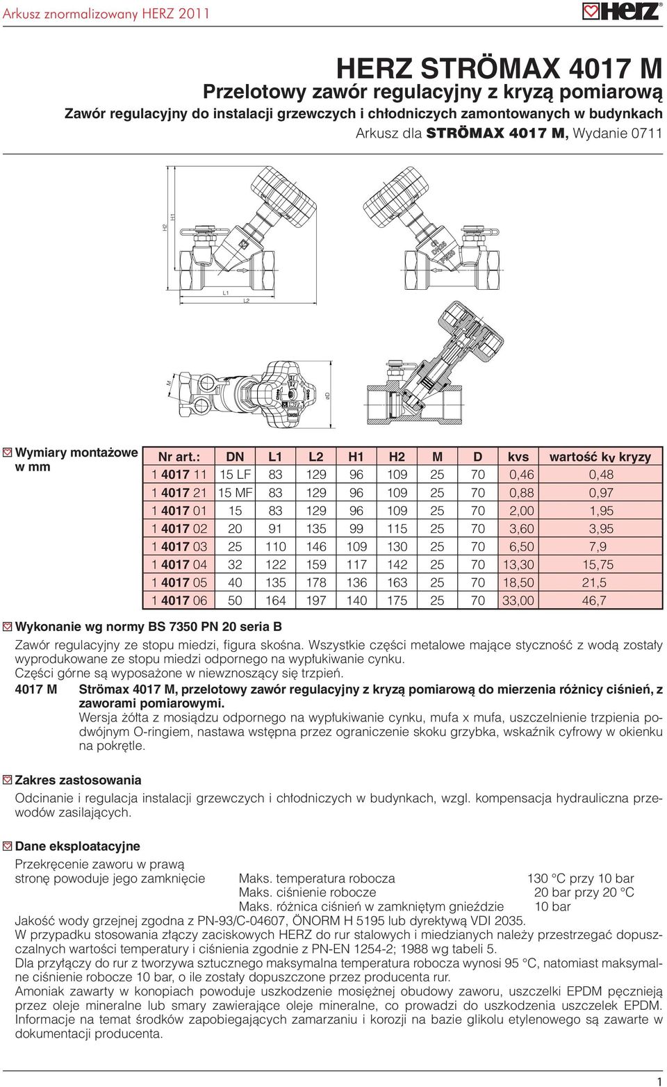 : DN L L2 H H2 M D kvs wartość kv kryzy 407 5 LF 83 29 96 09 25 70 0,46 0,48 407 2 5 MF 83 29 96 09 25 70 0,88 0,97 407 0 5 83 29 96 09 25 70 2,00,95 407 02 20 9 35 99 5 25 70 3,60 3,95 407 03 25 0