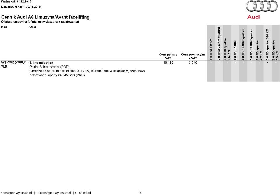 układzie V, częściowo polerowane, opony 245/45 R18 (PRU) Cena pełna z VAT Cena promocyjna z VAT