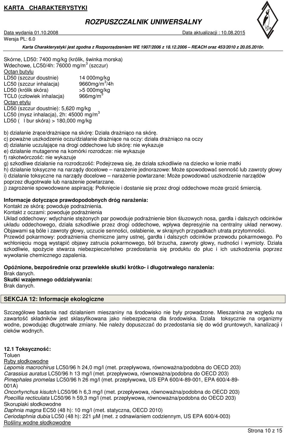 na skórę: Działa drażniąco na skórę.