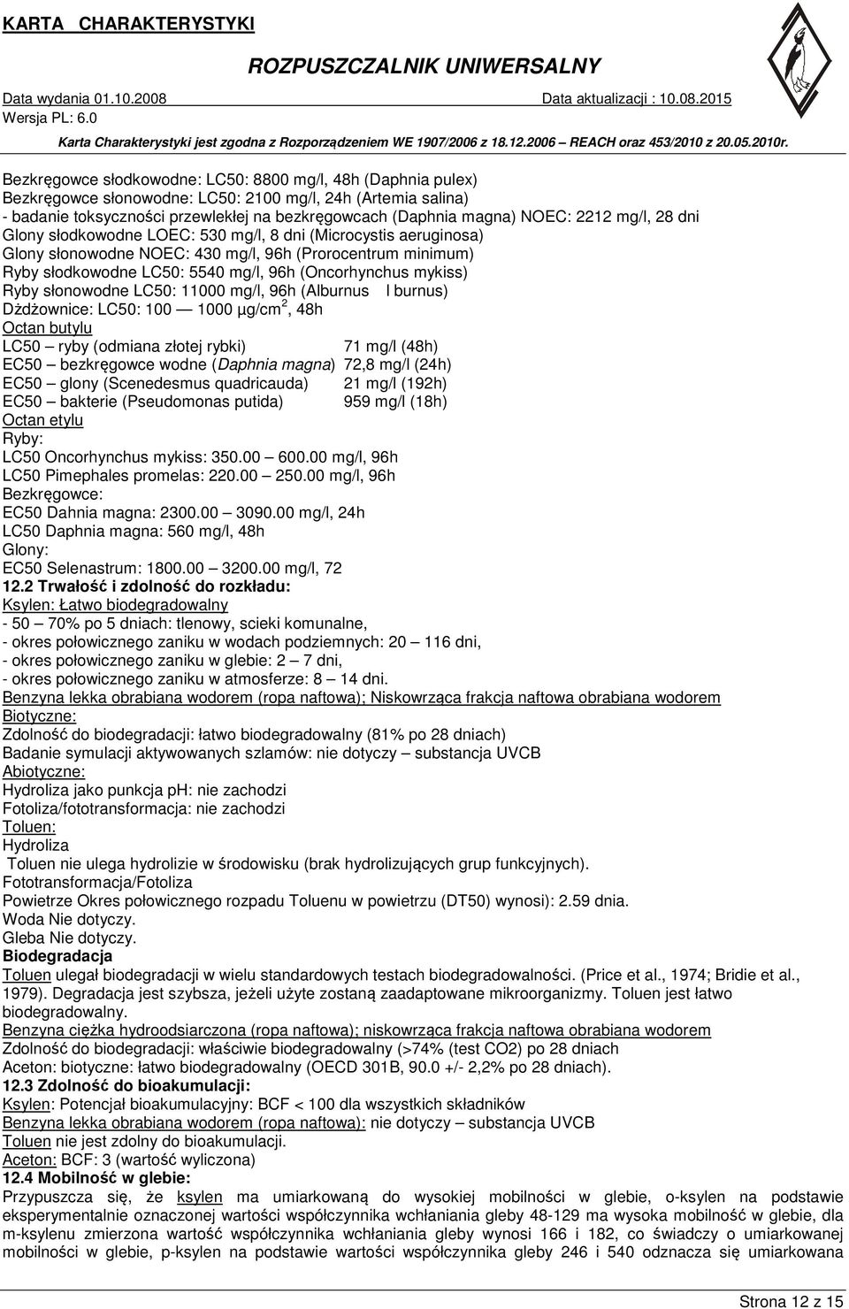 mykiss) Ryby słonowodne LC50: 11000 mg/l, 96h (Alburnus l burnus) Dżdżownice: LC50: 100 1000 µg/cm 2, 48h Octan butylu LC50 ryby (odmiana złotej rybki) 71 mg/l (48h) EC50 bezkręgowce wodne (Daphnia