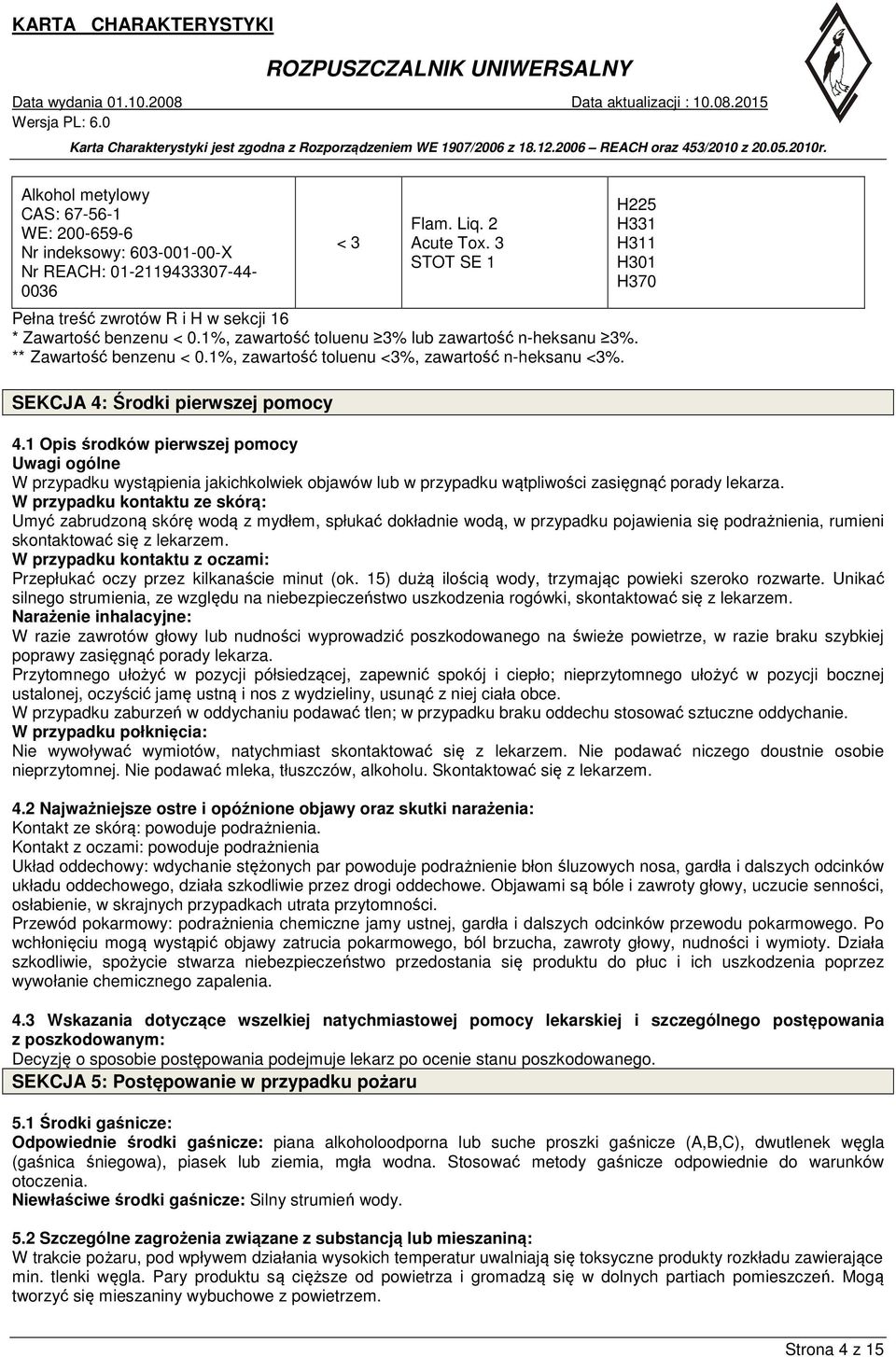 1%, zawartość toluenu <3%, zawartość n-heksanu <3%. SEKCJA 4: Środki pierwszej pomocy H225 H331 H311 H301 H370 4.