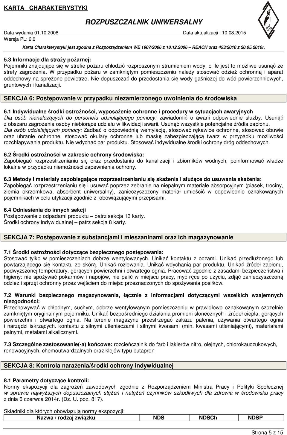 Nie dopuszczać do przedostania się wody gaśniczej do wód powierzchniowych, gruntowych i kanalizacji. SEKCJA 6: Postępowanie w przypadku niezamierzonego uwolnienia do środowiska 6.