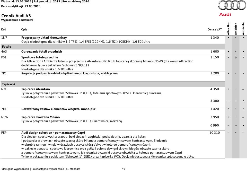 Attraction dodatkowo tylko z pakietem "schowek 1"(QE1) ) 7P1 Regulacja podparcia odcinka lędźwiowego kręgosłupa, elektryczna 1 200 Tapicerki N7U Tapicerka Alcantara Tylko w połączeniu z pakietem
