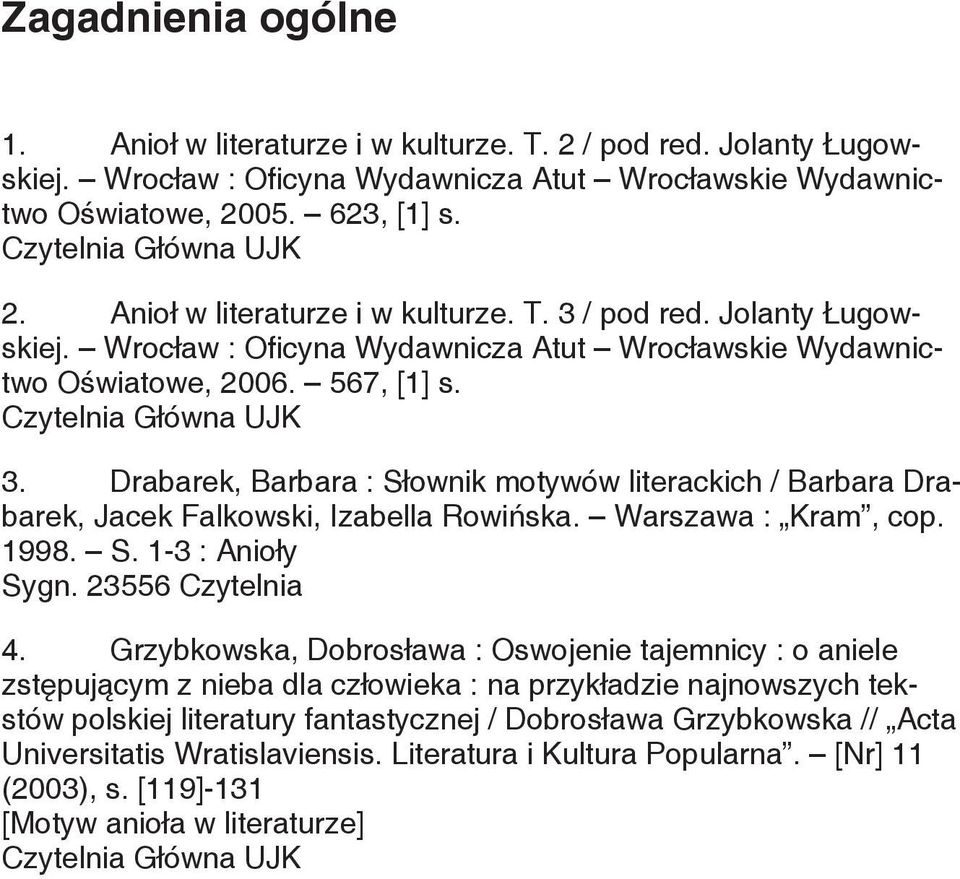 Czytelnia Główna UJK 3. Drabarek, Barbara : Słownik motywów literackich / Barbara Drabarek, Jacek Falkowski, Izabella Rowińska. Warszawa : Kram, cop. 1998. S. 1-3 : Anioły Sygn. 23556 Czytelnia 4.