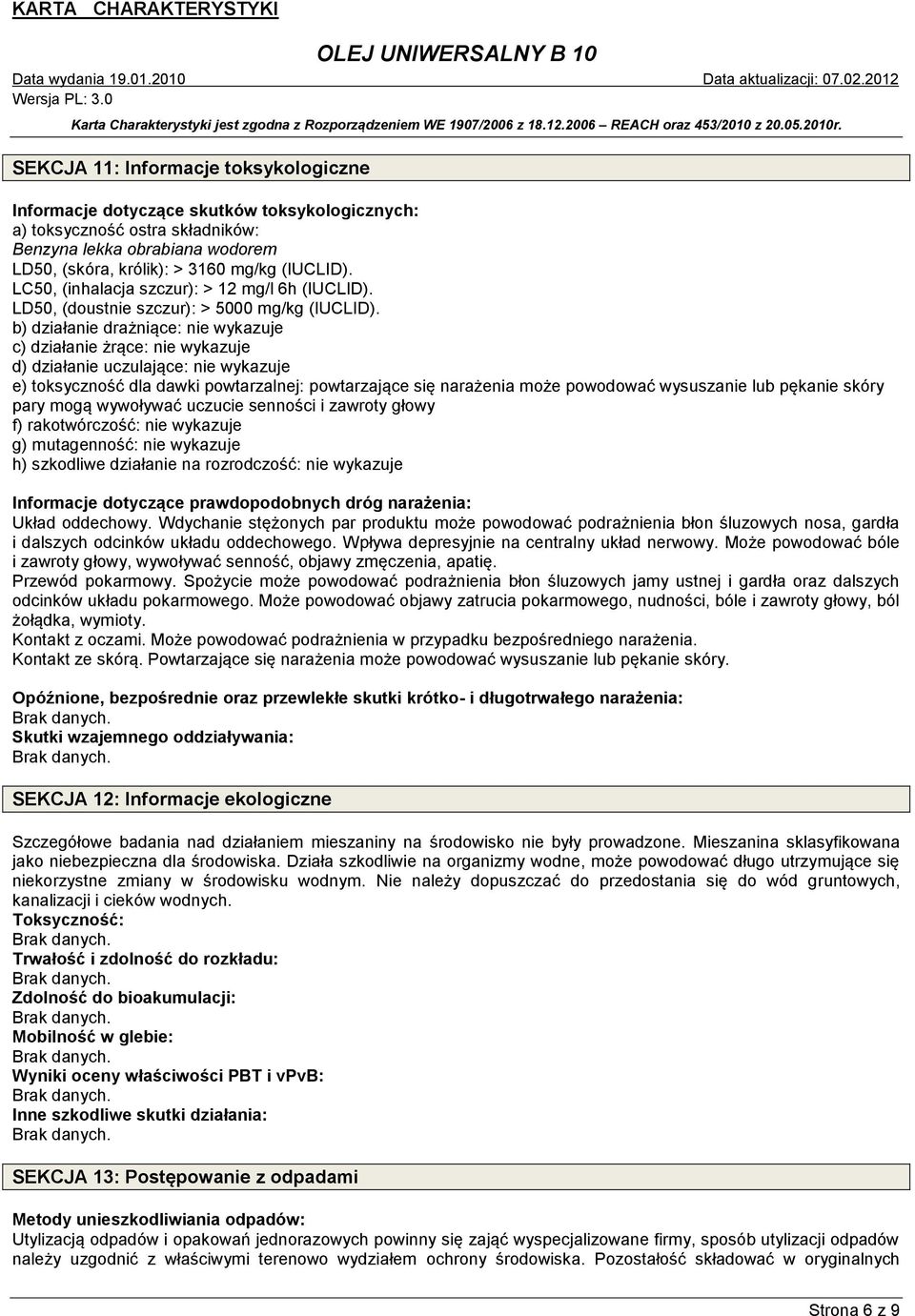 b) działanie drażniące: nie wykazuje c) działanie żrące: nie wykazuje d) działanie uczulające: nie wykazuje e) toksyczność dla dawki powtarzalnej: powtarzające się narażenia może powodować wysuszanie