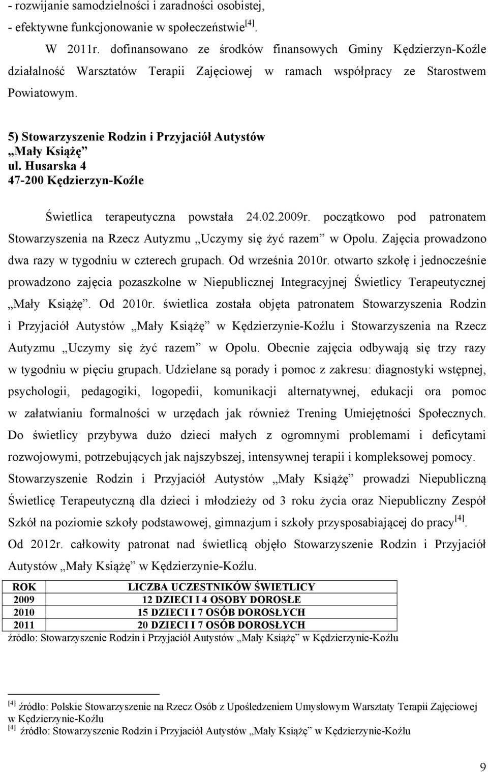 5) Stowarzyszenie Rodzin i Przyjaciół Autystów Mały Książę ul. Husarska 4 47-200 Kędzierzyn-Koźle Świetlica terapeutyczna powstała 24.02.2009r.