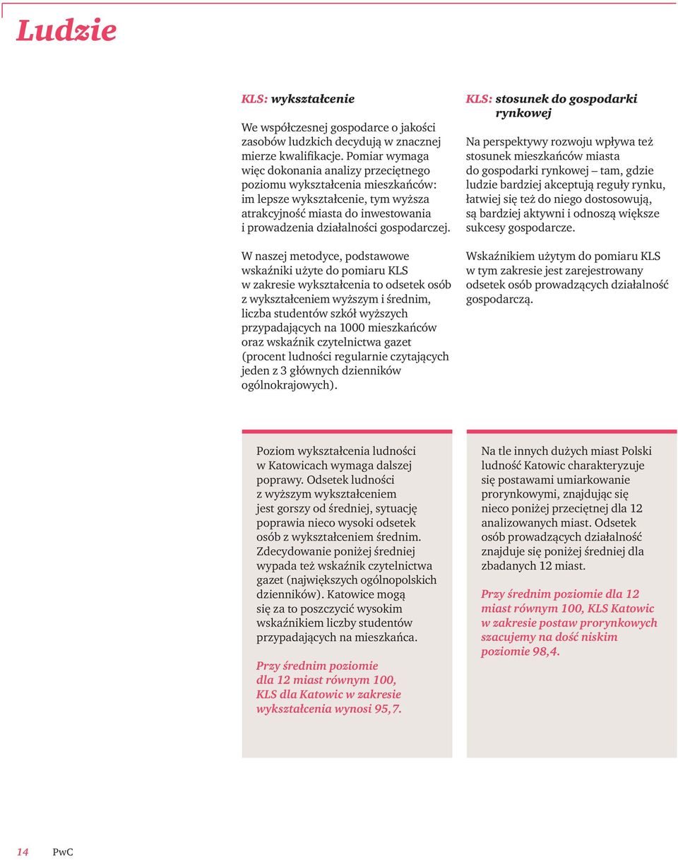 W naszej metodyce, podstawowe wskaźniki użyte do pomiaru KLS w zakresie wykształcenia to odsetek osób z wykształceniem wyższym i średnim, liczba studentów szkół wyższych przypadających na 1000