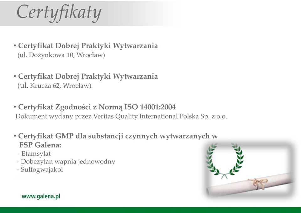 Krucza 62, Wrocław) Certyfikat Zgodności z Normą ISO 14001:2004 Dokument wydany przez Veritas