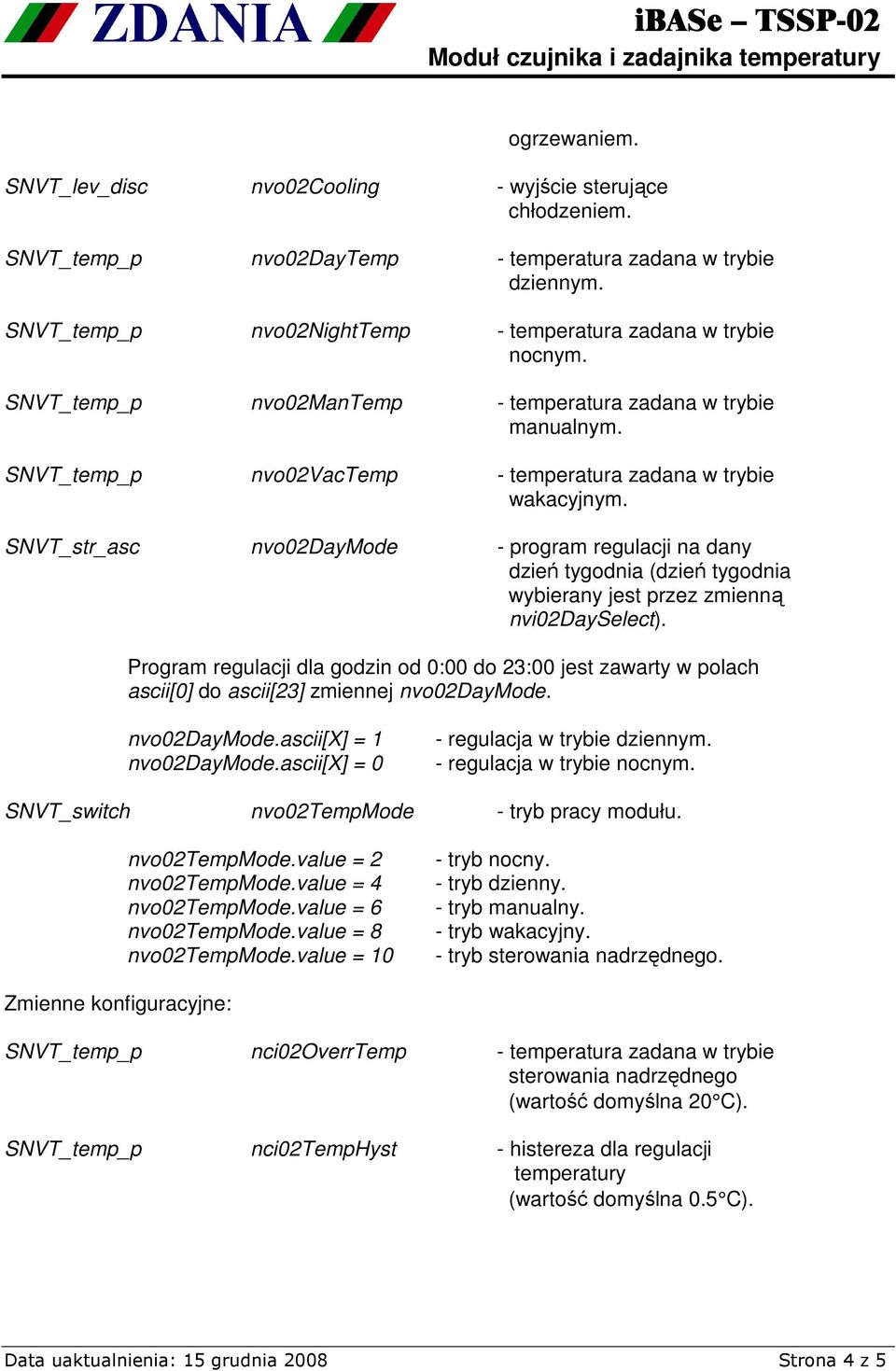 SNVT_str_asc nvo02daymode - program regulacji na dany dzień tygodnia (dzień tygodnia wybierany jest przez zmienną nvi02dayselect).