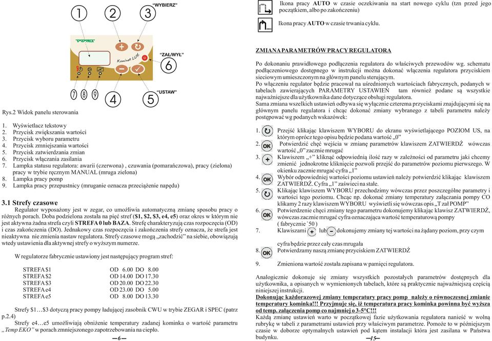 Przycisk włączania zasilania 7. Lampka statusu regulatra: awarii (czerwna), czuwania (pmarańczwa), pracy (zielna) pracy w trybie ręcznym MANUAL (mruga zielna) 8. Lampka pracy pmp 9.