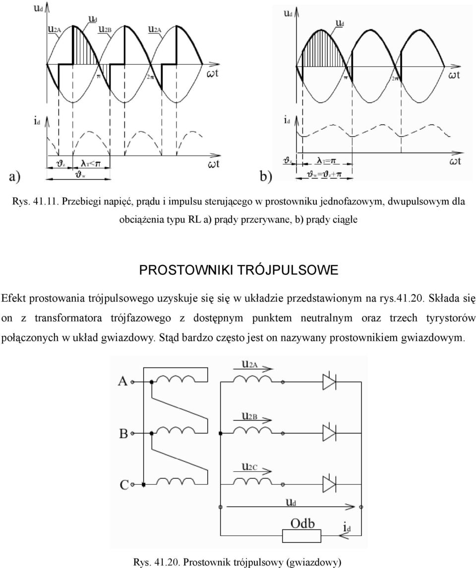 przerywane, b) prądy ciągłe PROSTOWNIKI TRÓJPULSOWE Efekt prostowania trójpulsowego uzyskuje się się w układzie przedstawionym