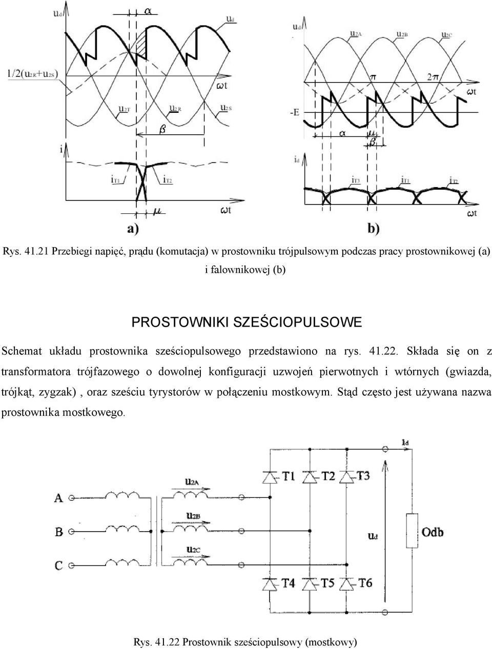 PROSTOWNIKI SZEŚCIOPULSOWE Schemat układu prostownika sześciopulsowego przedstawiono na rys. 41.22.