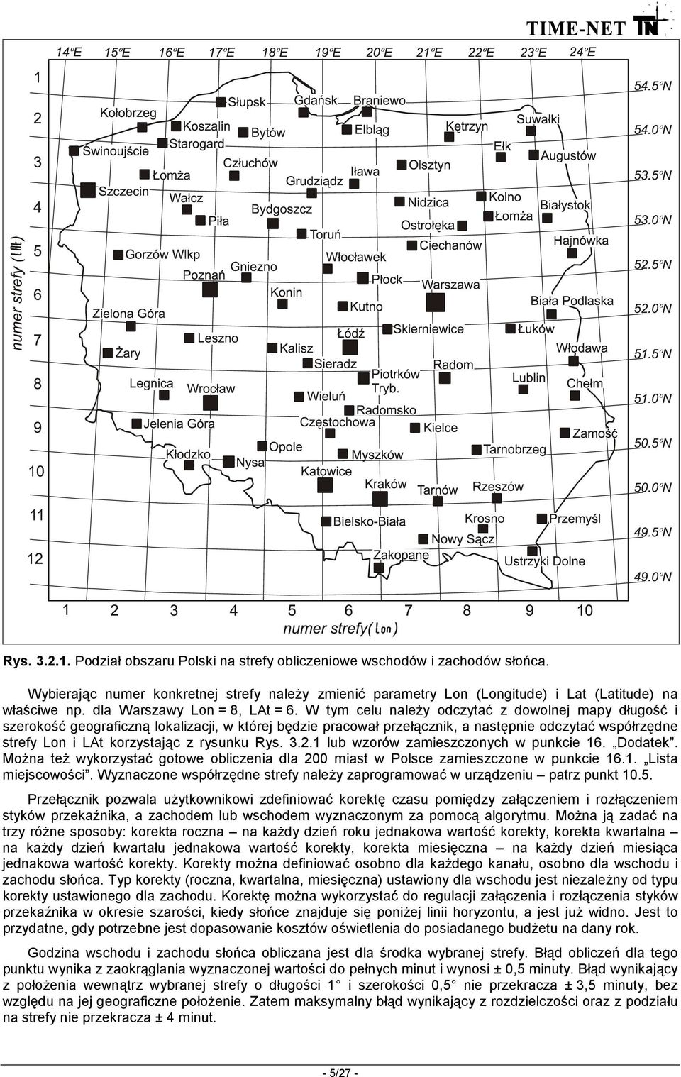 W tym celu naleŝy odczytać z dowolnej mapy długość i szerokość geograficzną lokalizacji, w której będzie pracował przełącznik, a następnie odczytać współrzędne strefy Lon i LAt korzystając z rysunku