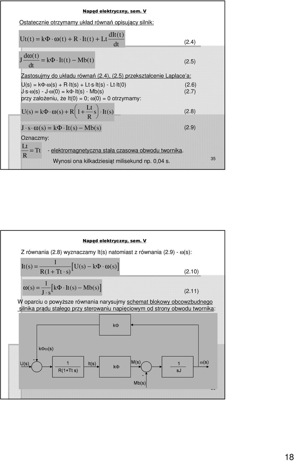 7) przy założeniu, że It(0) 0; ω(0) 0 otrzymamy: U s Lt k s R R s Φ ω 1 It( s) (2.8) J s ω( s) k It( s) Mb( s) Φ (2.9) Oznaczmy: Lt R Tt - elektromagnetyczna stała czasowa obwodu twornika.