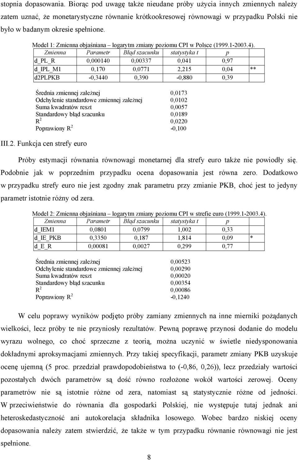Model 1: Zmienna objaśniana logarym zmiany poziomu CPI w Polsce (1999.1-23.4).