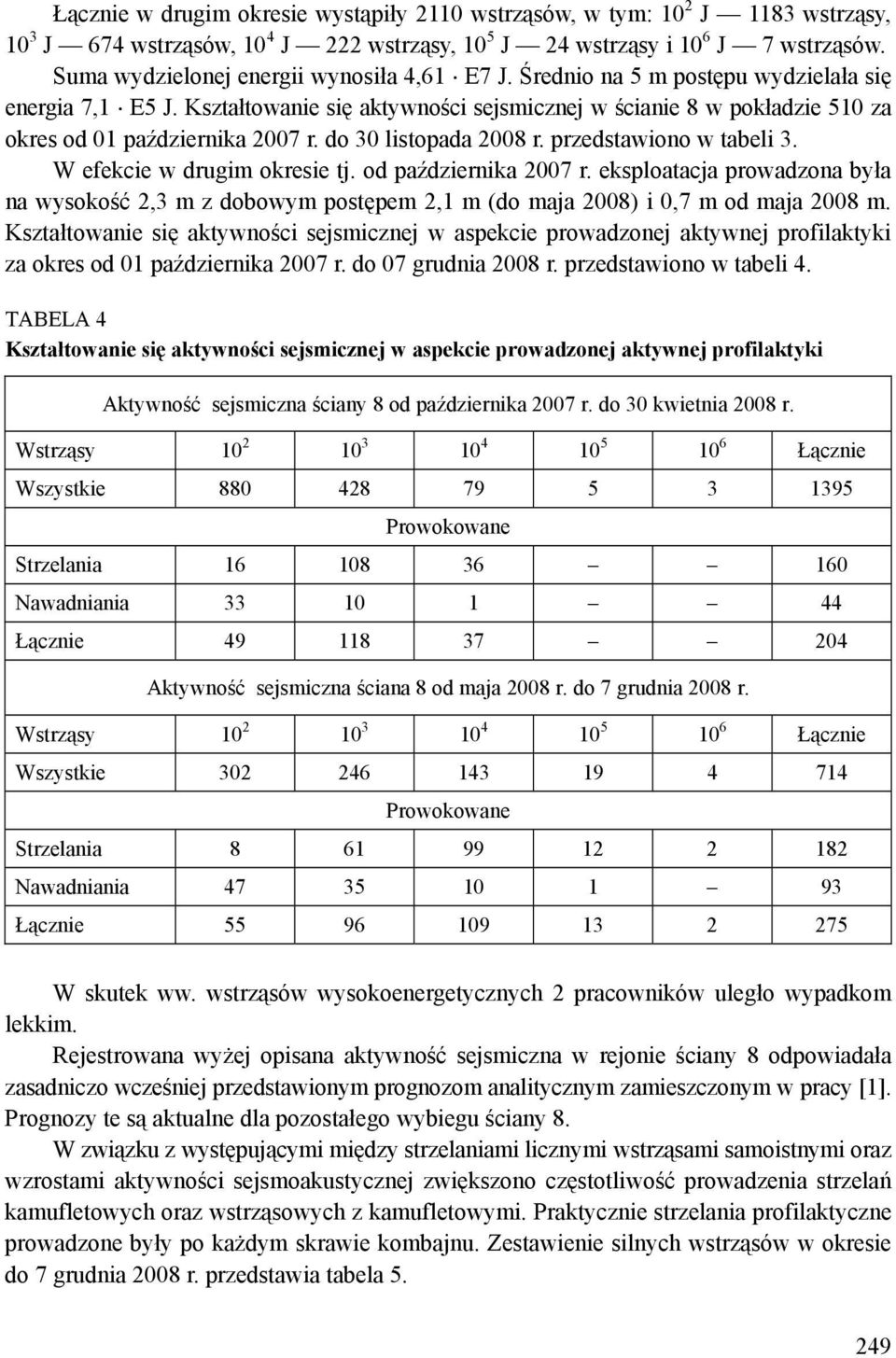Kształtowanie się aktywności sejsmicznej w ścianie 8 w pokładzie 510 za okres od 01 października 2007 r. do 30 listopada 2008 r. przedstawiono w tabeli 3. W efekcie w drugim okresie tj.