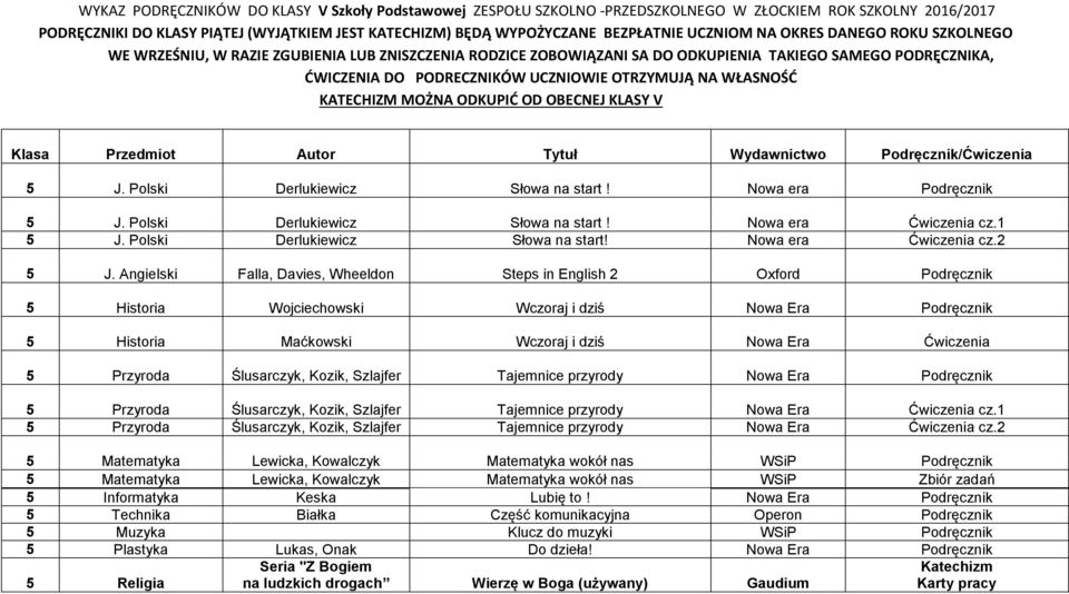WŁASNOŚĆ KATECHIZM MOŻNA ODKUPIĆ OD OBECNEJ KLASY V 5 J. Polski Derlukiewicz Słowa na start! Nowa era Podręcznik 5 J. Polski Derlukiewicz Słowa na start! Nowa era Ćwiczenia cz.1 5 J.