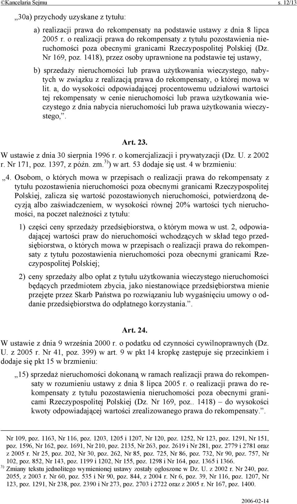 1418), przez osoby uprawnione na podstawie tej ustawy, b) sprzedaży nieruchomości lub prawa użytkowania wieczystego, nabytych w związku z realizacją prawa do rekompensaty, o której mowa w lit.