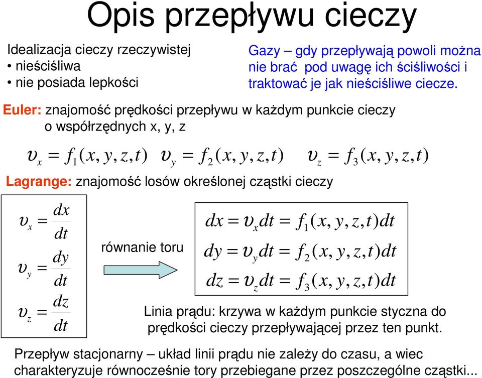 Eule: najomość ędkości ełwu w każdm unkcie ciec o wsółędnch f f f Lagange: najomość losów okeślonej cąski ciec d d d d d d