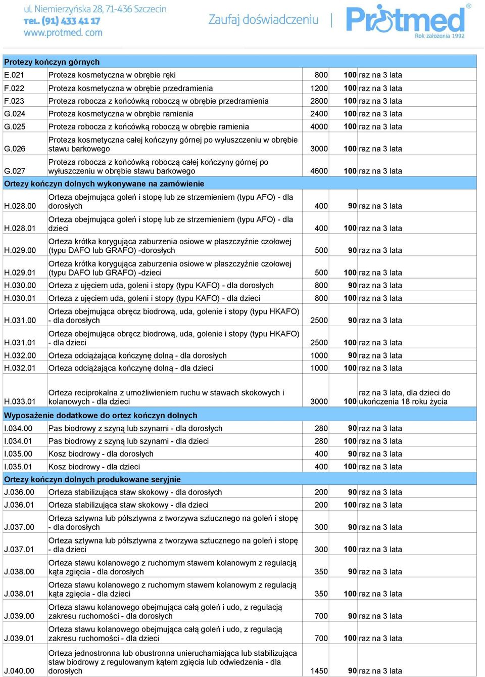 025 Proteza robocza z końcówką roboczą w obrębie ramienia 4000 100 raz na 3 lata Proteza kosmetyczna całej kończyny górnej po wyłuszczeniu w obrębie G.