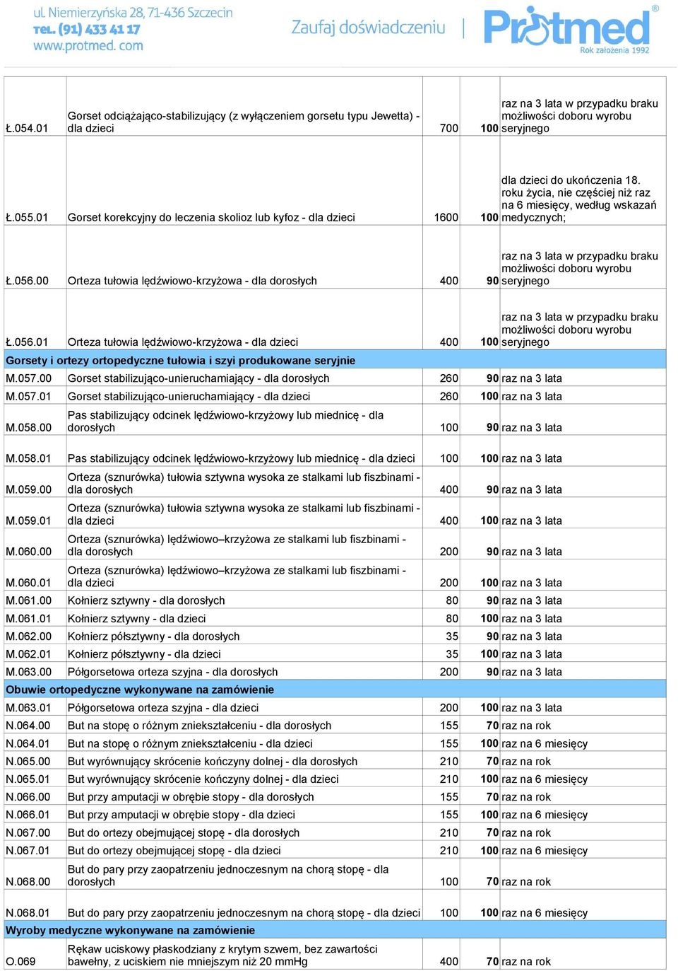 00 Orteza tułowia lędźwiowo-krzyżowa - dla dorosłych 400 90 seryjnego raz na 3 lata w przypadku braku Ł.056.