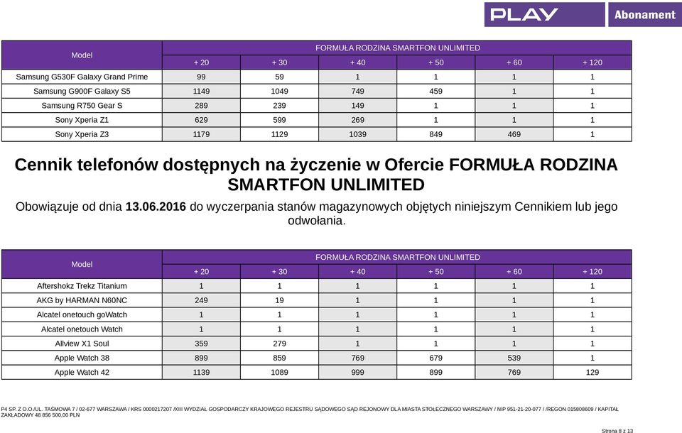 2016 do wyczerpania stanów magazynowych objętych niniejszym Cennikiem lub jego odwołania.