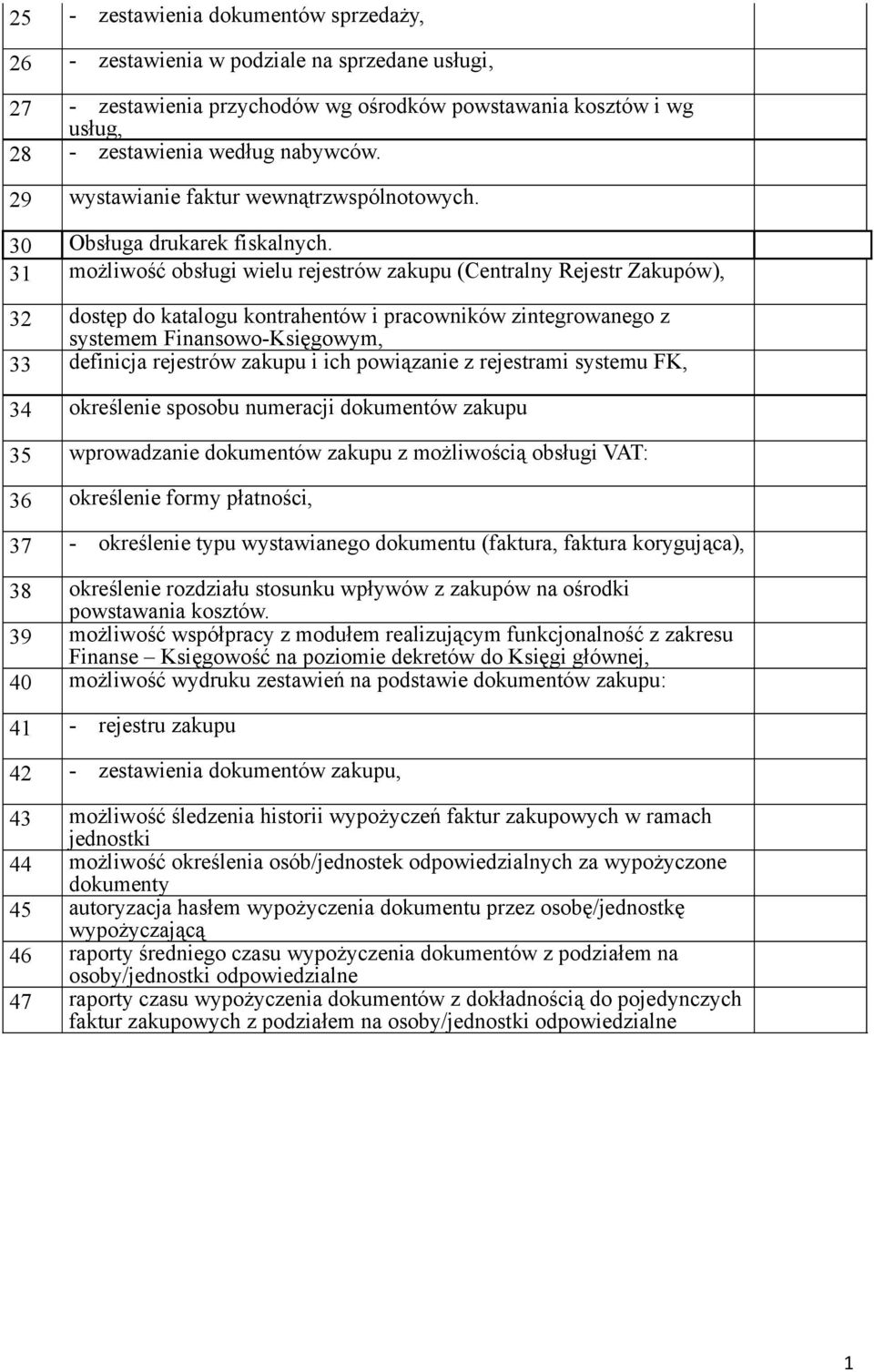 31 możliwość obsługi wielu rejestrów zakupu (Centralny Rejestr Zakupów), 32 dostęp do katalogu kontrahentów i pracowników zintegrowanego z systemem Finansowo-Księgowym, 33 definicja rejestrów zakupu