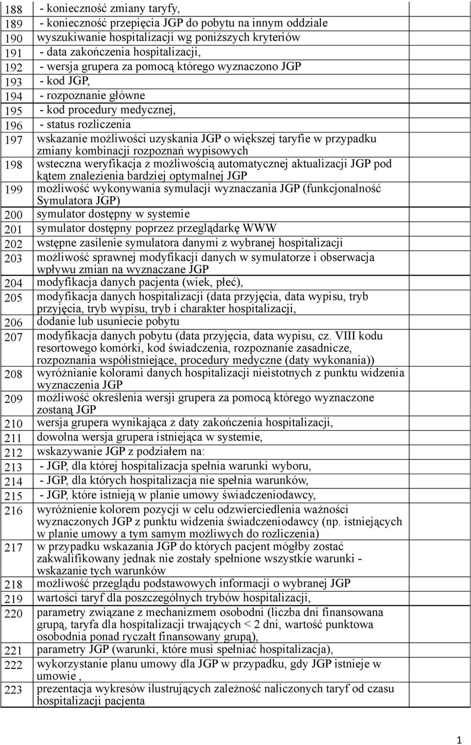 taryfie w przypadku zmiany kombinacji rozpoznań wypisowych 198 wsteczna weryfikacja z możliwością automatycznej aktualizacji JGP pod kątem znalezienia bardziej optymalnej JGP 199 możliwość
