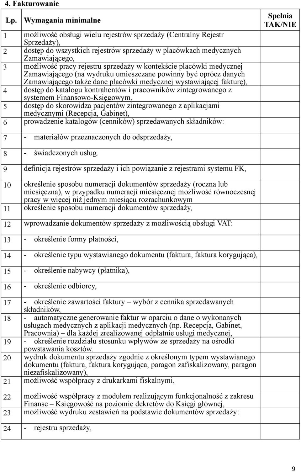 rejestru sprzedaży w kontekście placówki medycznej Zamawiającego (na wydruku umieszczane powinny być oprócz danych Zamawiającego także dane placówki medycznej wystawiającej fakturę), 4 dostęp do