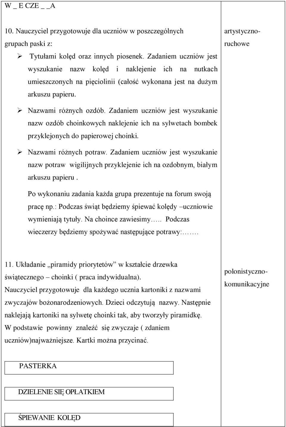 Zadaniem uczniów jest wyszukanie nazw ozdób choinkowych naklejenie ich na sylwetach bombek przyklejonych do papierowej choinki. Nazwami różnych potraw.