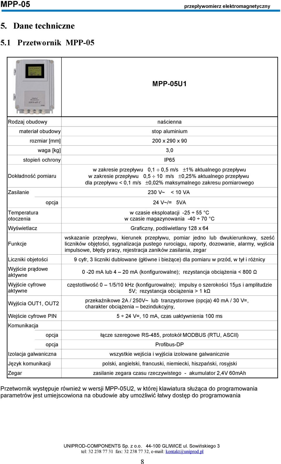 m/s ±1% aktualnego przepływu w zakresie przepływu 0,5 10 m/s ±0,25% aktualnego przepływu dla przepływu < 0,1 m/s ±0,02% maksymalnego zakresu pomiarowego Zasilanie 230 V~ < 10 VA Temperatura otoczenia