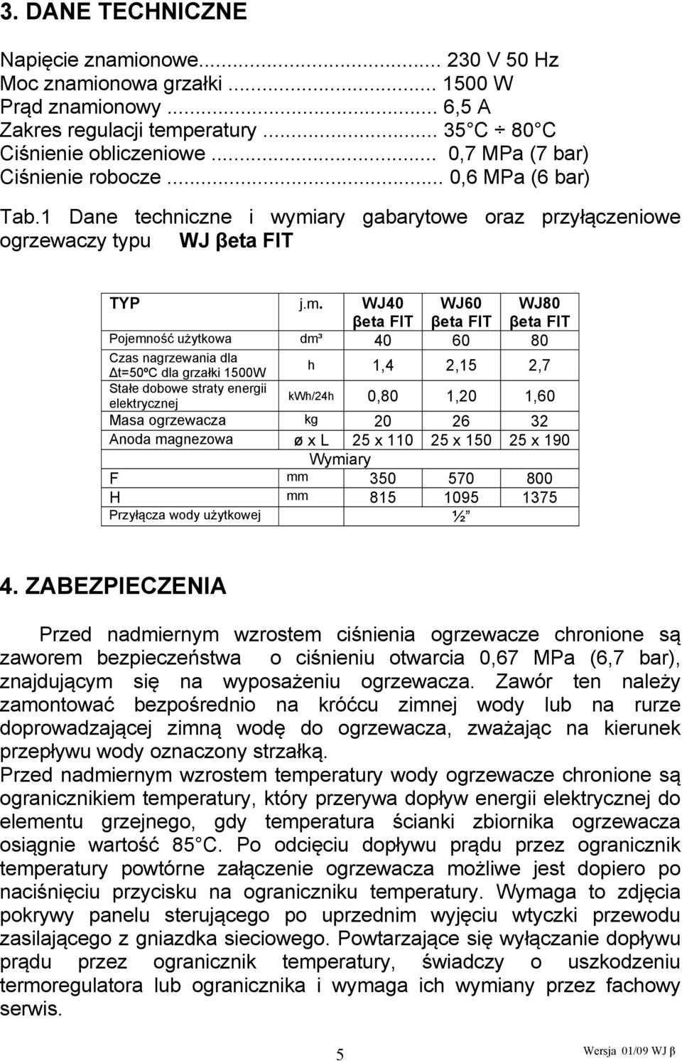 ary gabarytowe oraz przyłączeniowe ogrzewaczy typu WJ βeta FIT TYP j.m.