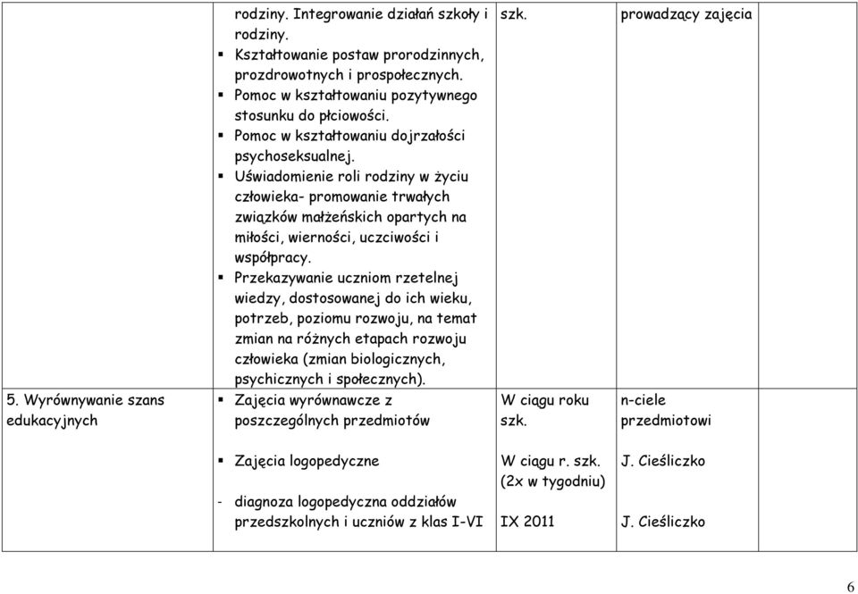 Przekazywanie uczniom rzetelnej wiedzy, dostosowanej do ich wieku, potrzeb, poziomu rozwoju, na temat zmian na różnych etapach rozwoju człowieka (zmian biologicznych, psychicznych i społecznych).