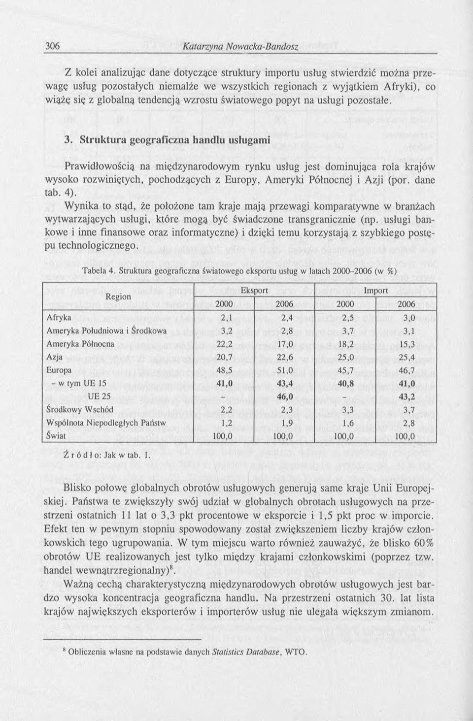 Struktura geograficzna handlu usługami Prawidłowością na międzynarodowym rynku usług jest dominująca rola krajów wysoko rozwiniętych, pochodzących z Europy, Ameryki Północnej i Azji (por. dane tab.