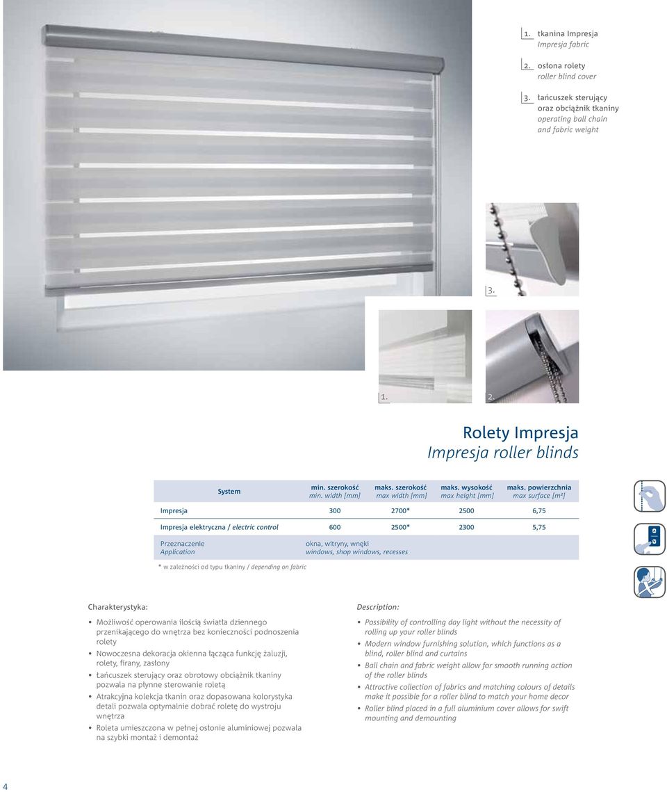 Rolety Impresja Impresja roller blinds Impresja 300 2700* 2500 6,75 Impresja elektryczna / electric control 600 2500* 2300 5,75 * w zależności od typu tkaniny / depending on fabric, firany,