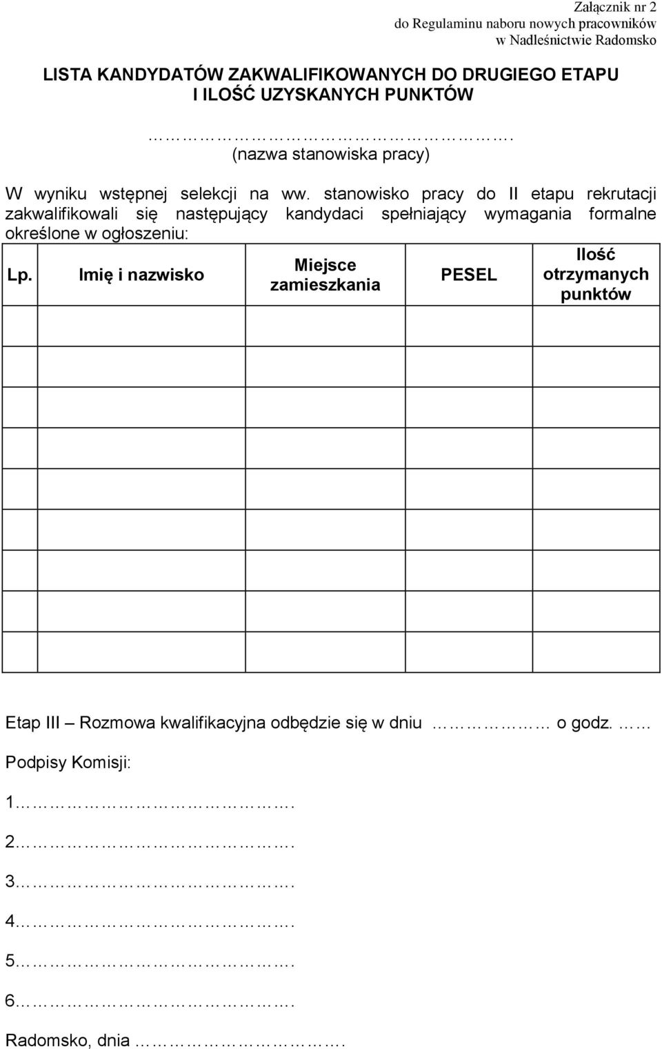 stanowisko pracy do II etapu rekrutacji zakwalifikowali się następujący kandydaci spełniający wymagania formalne określone w