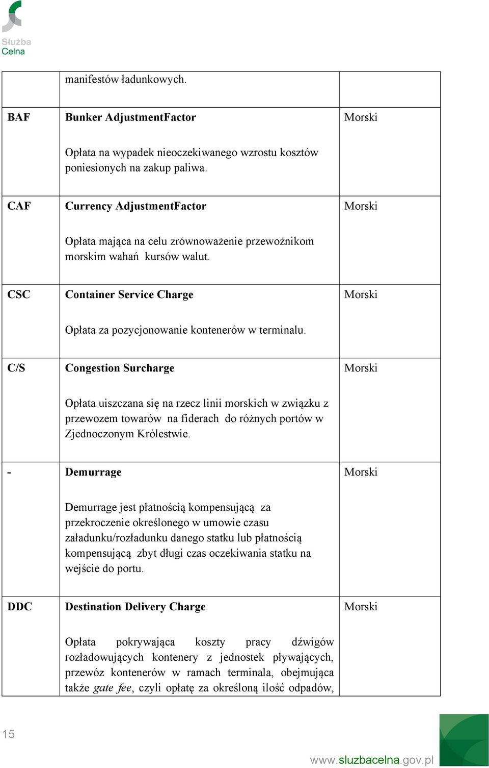 C/S Congestion Surcharge Opłata uiszczana się na rzecz linii morskich w związku z przewozem towarów na fiderach do różnych portów w Zjednoczonym Królestwie.