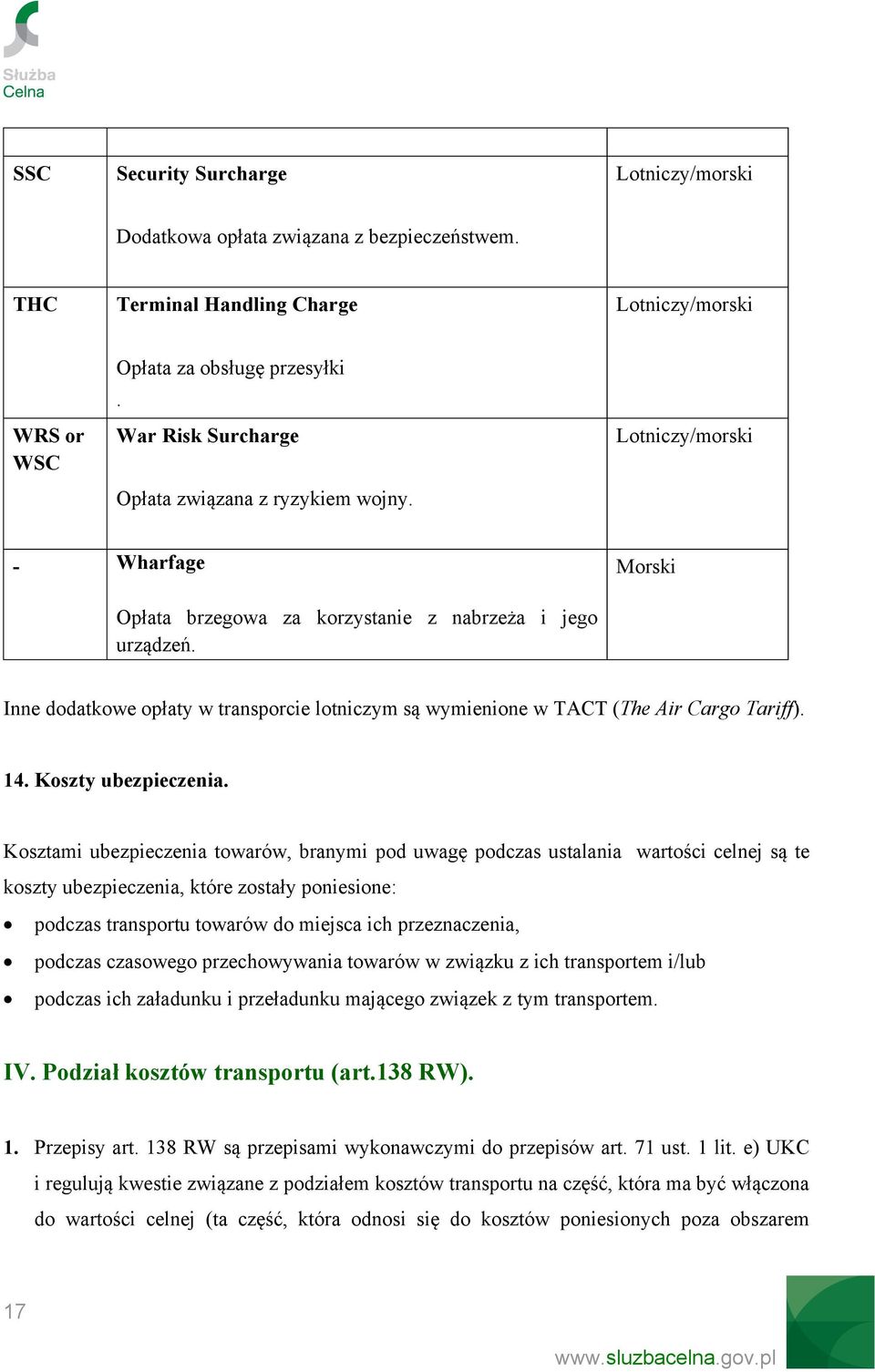 Inne dodatkowe opłaty w transporcie lotniczym są wymienione w TACT (The Air Cargo Tariff). 14. Koszty ubezpieczenia.