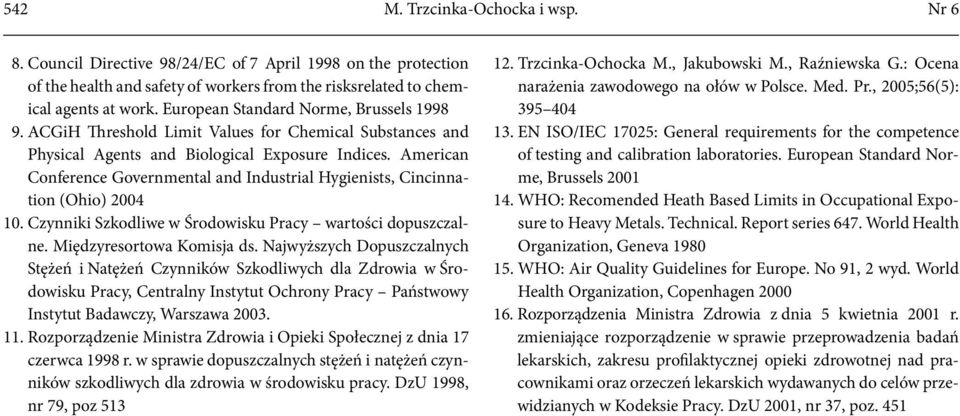 American Conference Governmental and Industrial Hygienists, Cincinnation (Ohio) 2004 10. Czynniki Szkodliwe w Środowisku Pracy wartości dopuszczalne. Międzyresortowa Komisja ds.