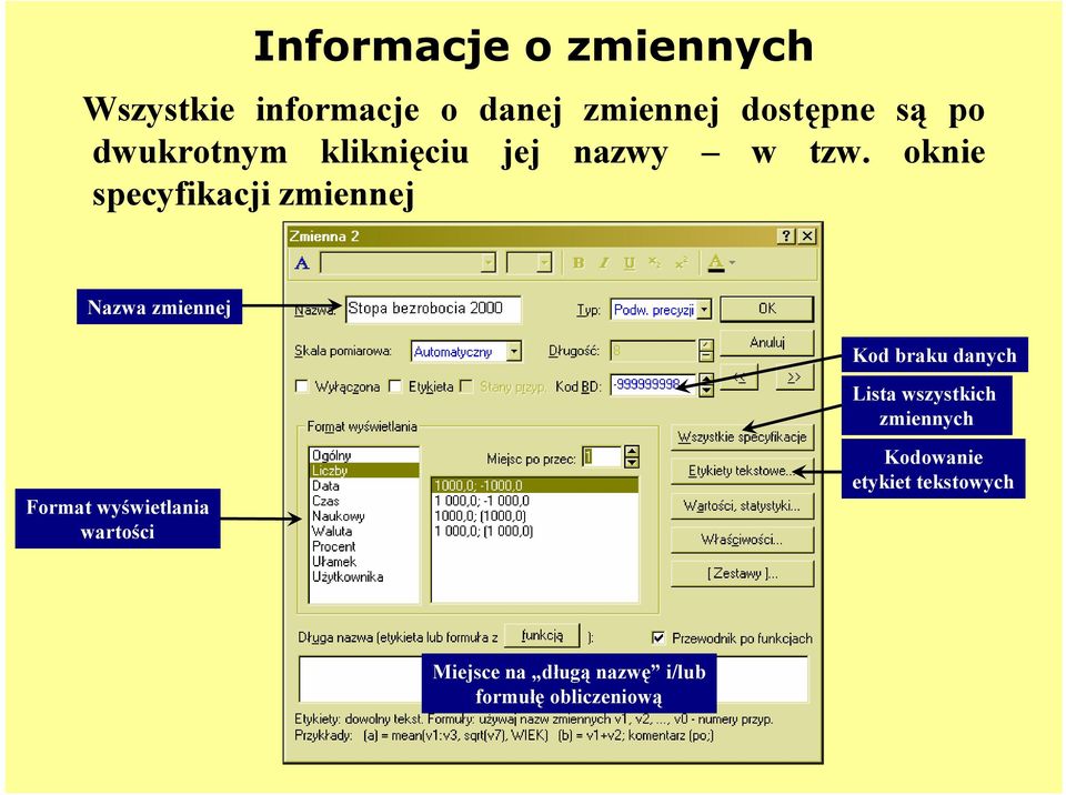 oknie specyfikacji zmiennej Nazwa zmiennej Kod braku danych Lista wszystkich