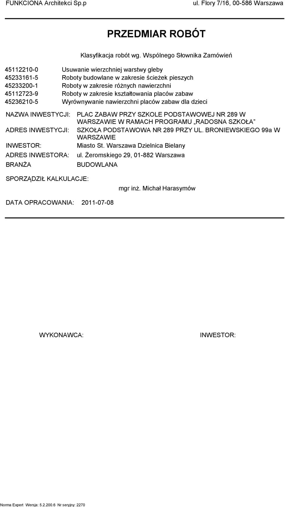 zakresie kałtowania placów zabaw Wyrównywanie nawierzchni placów zabaw dla dzieci NAZWA INWESTYCJI: ADRES INWESTYCJI: INWESTOR: ADRES INWESTORA: BRANŻA PLAC ZABAW PRZY SZKOLE PODSTAWOWEJ NR