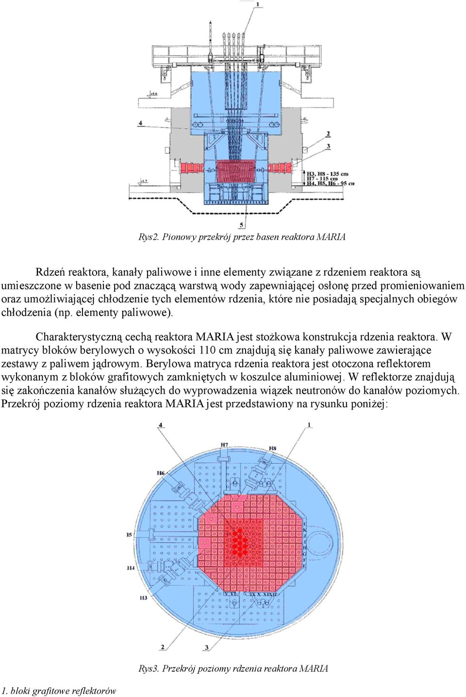 Charakterystyczną cechą reaktora MARIA jest stożkowa konstrukcja rdzenia reaktora. W matrycy bloków berylowych o wysokości 110 cm znajdują się kanały paliwowe zawierające zestawy z paliwem jądrowym.