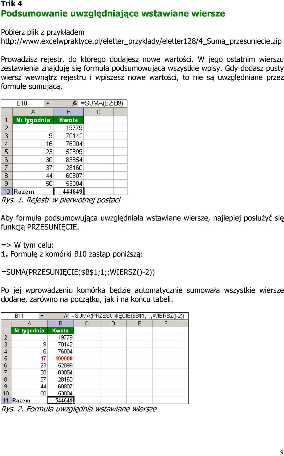 Gdy dodasz pusty wiersz wewnątrz rejestru i wpiszesz nowe wartości, to nie są uwzględniane przez formułę sumującą. Rys. 1.