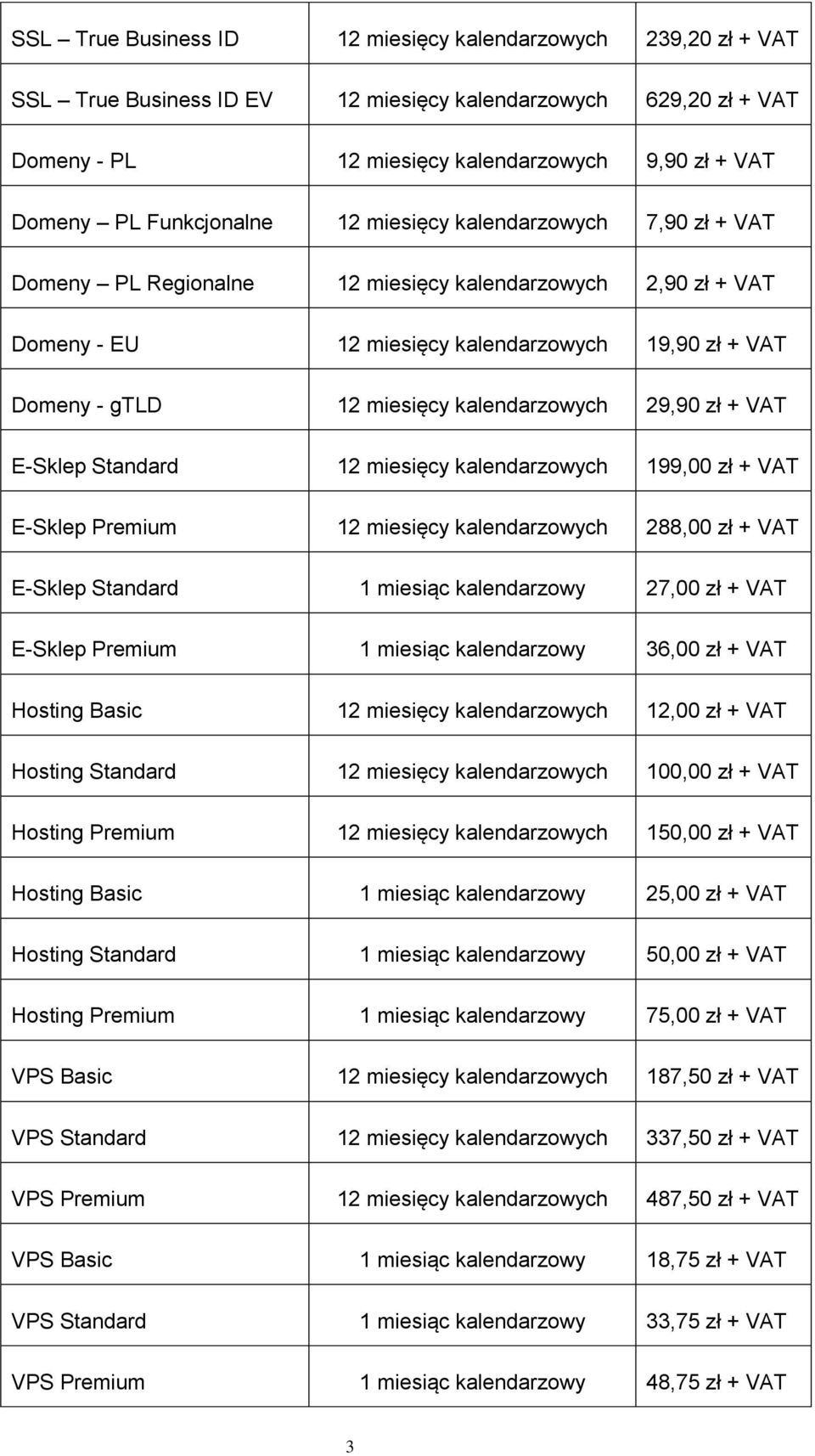 kalendarzowych 29,90 zł + VAT E-Sklep Standard 12 miesięcy kalendarzowych 199,00 zł + VAT E-Sklep Premium 12 miesięcy kalendarzowych 288,00 zł + VAT E-Sklep Standard 1 miesiąc kalendarzowy 27,00 zł +