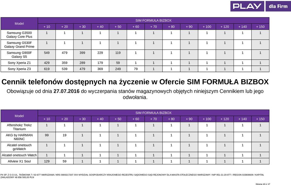 od dnia 27.07.2016 do wyczerpania stanów magazynowych objętych niniejszym Cennikiem lub jego odwołania.