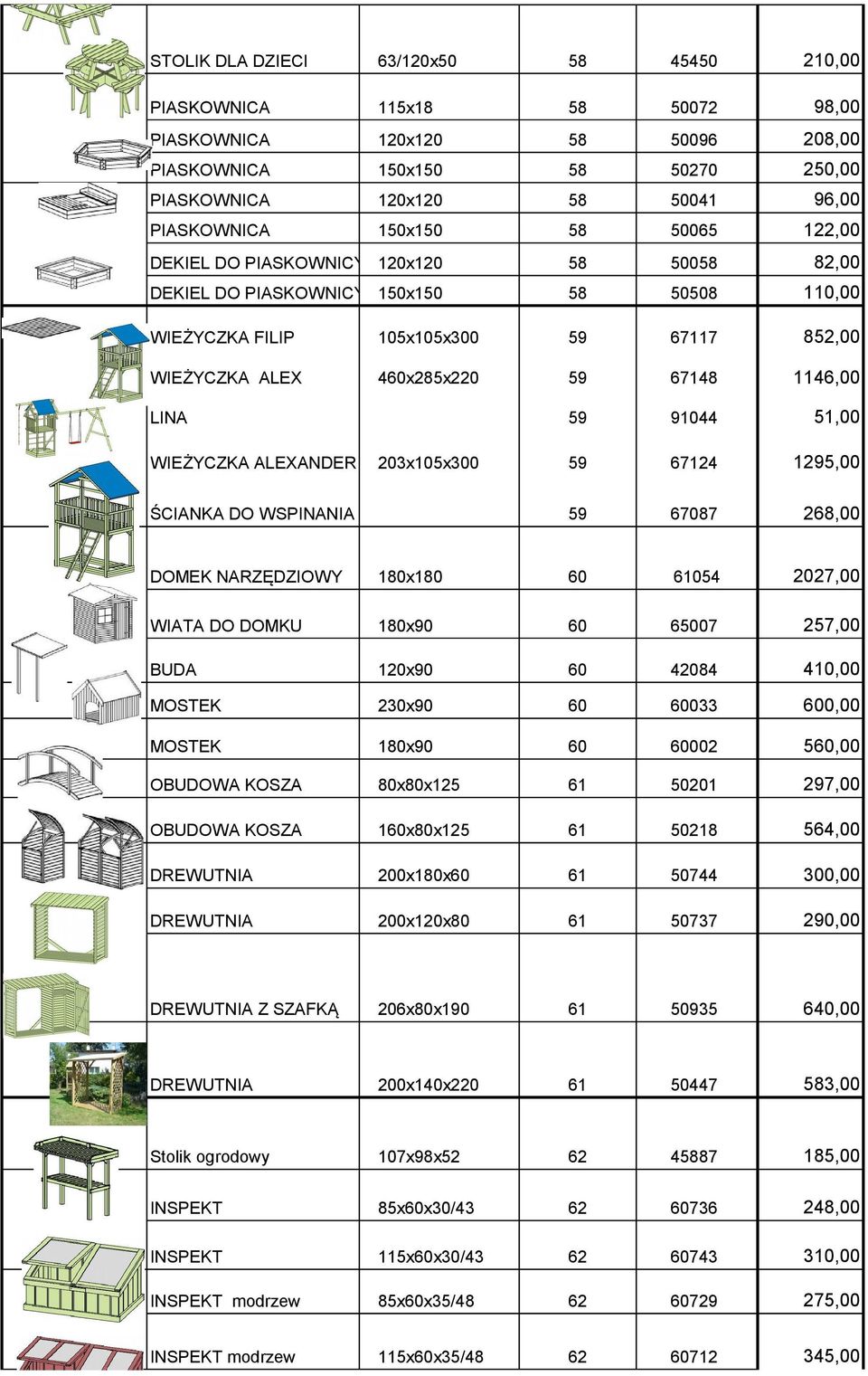 NARZĘDZIOWY 60 6 27,00 WIATA DO DOMKU 60 007 27,00 BUDA 1x90 60 8,00 MOSTEK 230x90 60 60033 600,00 MOSTEK 60 60002 60,00 OBUDOWA KOSZA 80x80x 61 01 297,00 OBUDOWA KOSZA 0x80x 61 08 6,00 DREWUTNIA