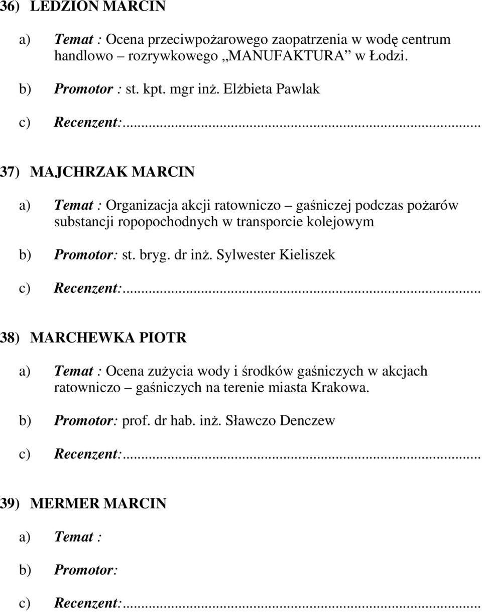 ElŜbieta Pawlak 37) MAJCHRZAK MARCIN a) Temat : Organizacja akcji ratowniczo gaśniczej podczas poŝarów substancji ropopochodnych w transporcie