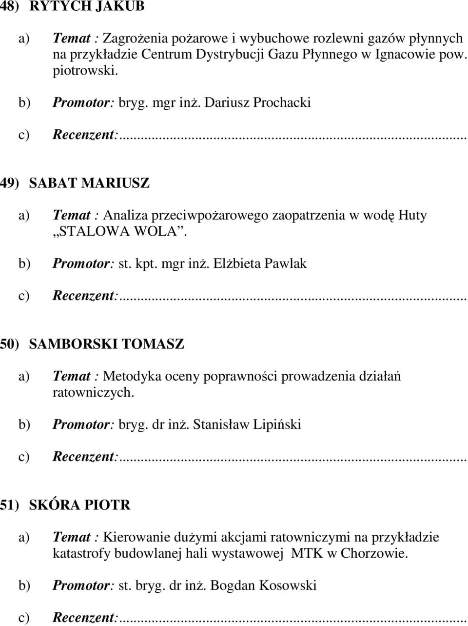 mgr inŝ. ElŜbieta Pawlak 50) SAMBORSKI TOMASZ a) Temat : Metodyka oceny poprawności prowadzenia działań ratowniczych. b) Promotor: bryg. dr inŝ.